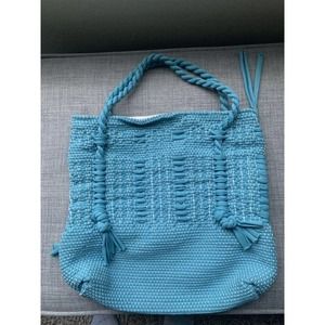 Vintage Chindi Fabric Woven Turquoise/ Sky Blue Shoulder Bag Purse Mid Century